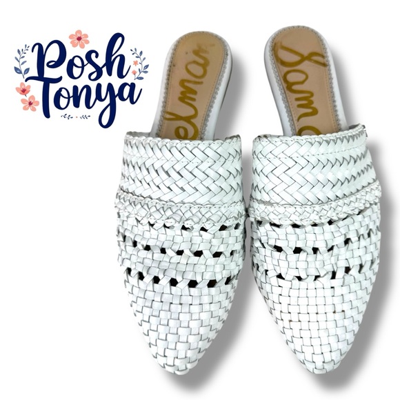 Sam Edelman Natalya White Woven Leather Mules Flats Size 6.5 Boho Scandi Chic - Picture 1 of 14